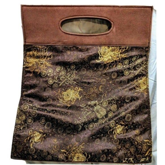 Vintage-Inspired Brown & Gold Brocade Handbag With Suede Accents Snap Closure & - Picture 6 of 6